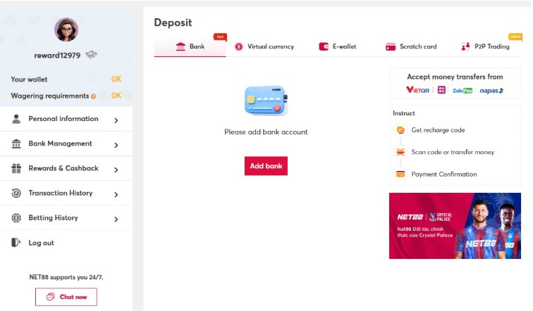 Deposit money into NET account NET88