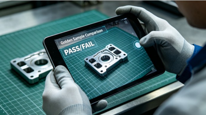 Close-up, realistic shot of an engineer's gloved hand using a tablet to photograph a stamped metal part for golden sample comparison and defect detection.