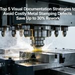A high-resolution photo of a precision metal stamping press in operation, overlaid with the title "Top 5 Visual Documentation Strategies to Avoid Costly Metal Stamping Defects Save Up to 30% Rework".