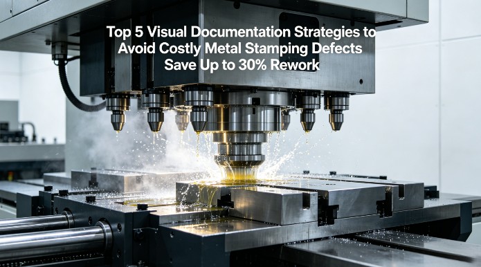 A high-resolution photo of a precision metal stamping press in operation, overlaid with the title "Top 5 Visual Documentation Strategies to Avoid Costly Metal Stamping Defects Save Up to 30% Rework".